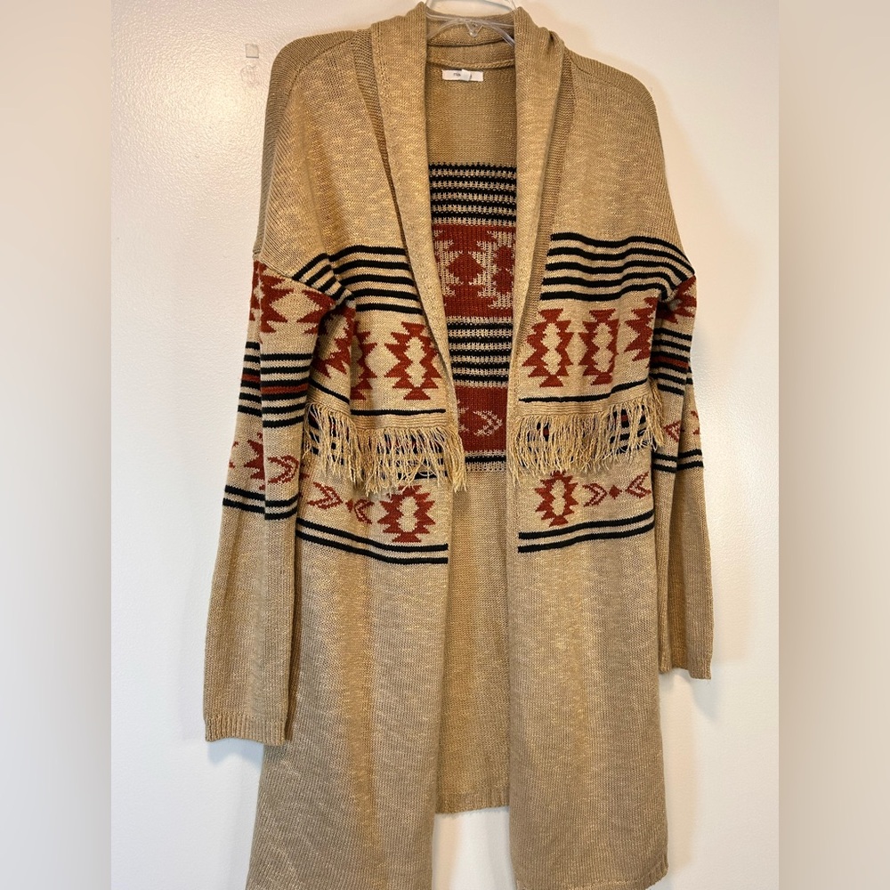 Maurices Geo Duster Fringe Cardigan Tan & Red Open Front Women’s Medium